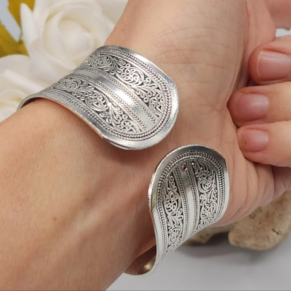 Boho Silver Bracelet Wide Band Flexible Adjustable